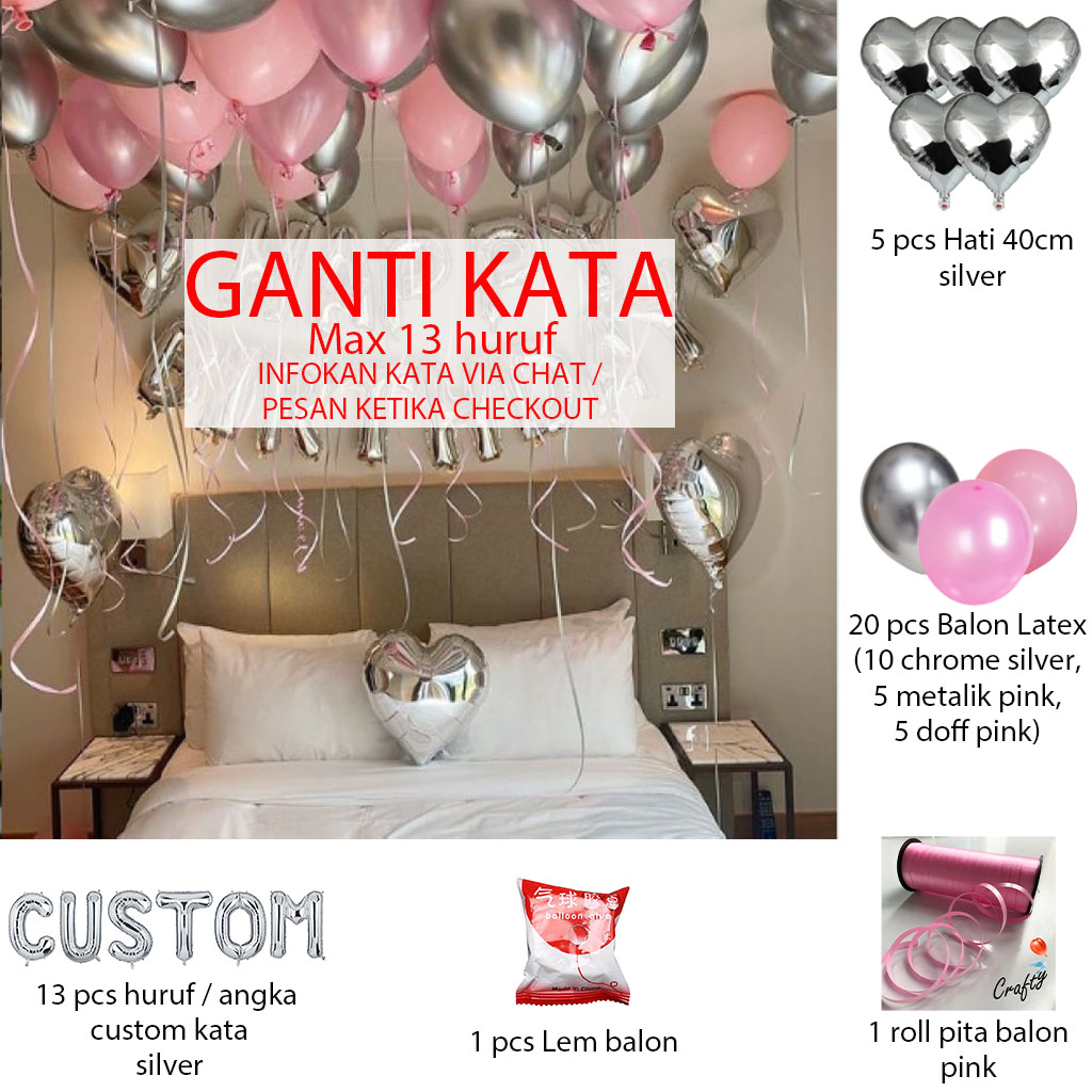 [PAKET] Dekorasi Balon Romantis PINK BEDROOM SILVER HEART Hiasan Ulang tahun / Anniversary