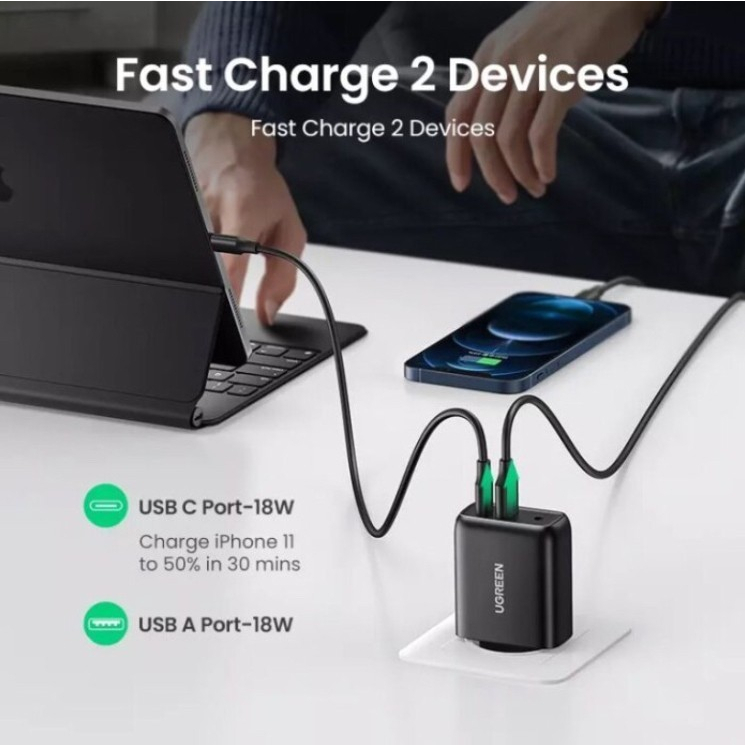 UGREEN Wall Adaptor Kepala Charger Dual Port USB C + USB PD Fast Charging 36W Iphone 13 Pro max For Samsung Oppo Vivo CD170