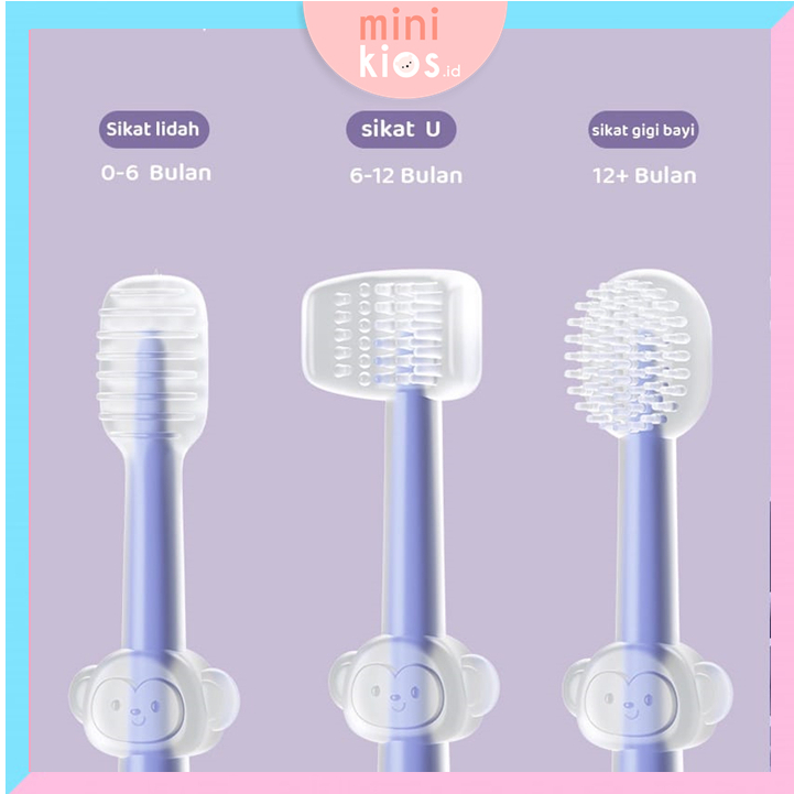 Sikat Gigi Bayi Bahan Silikon 3in1  / Baby Oral Care Pembersih Mulut / Set Sikat Lidah Gigi Bayi / BPA free Sikat Gigi dan Lidah Bayi Silikon 0-18 bulan