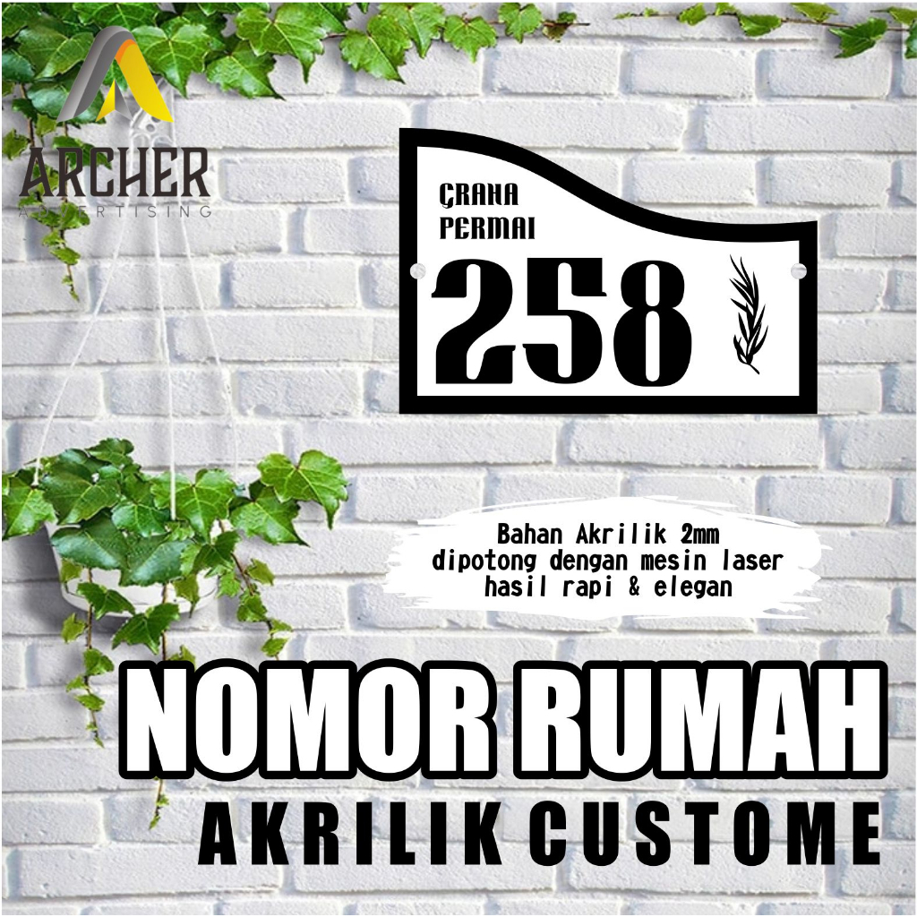 PAPAN NOMOR RUMAH AKRILIK HITAM / PUTIH UKURAN 22 X 15 CM