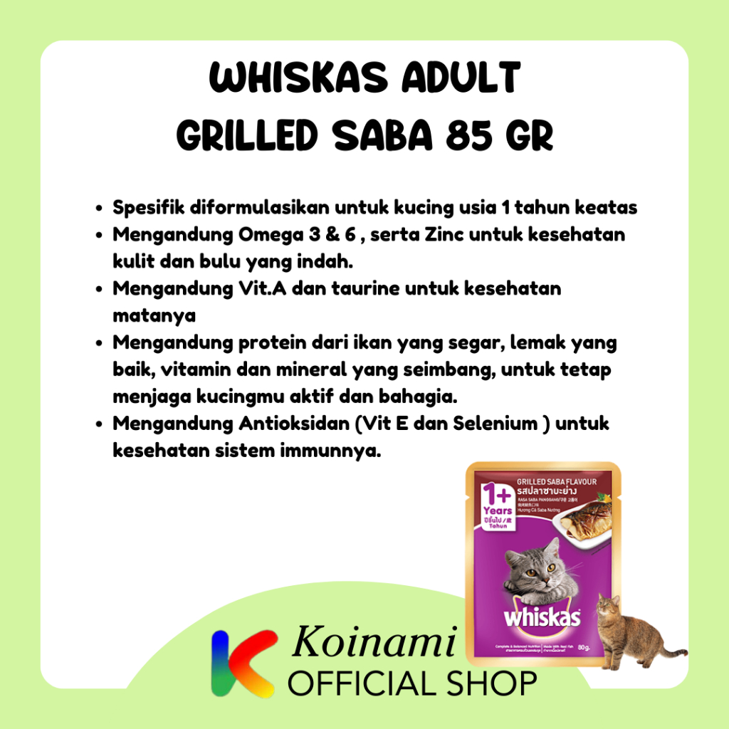 WHISKAS 85gr ADULT GRILLED SABA / ikan panggang / makanan kucing / koinami petshop / wet food