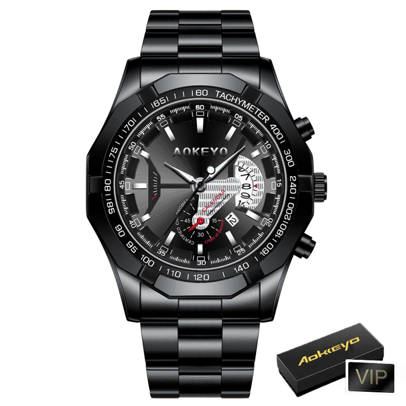 AOKEYO S001 Jam Tangan Pria Anti Air Original Luxury Stainless Steel COD Free BOX+Kartu-Black-Aokeyo