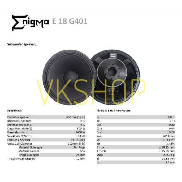 Speaker Enigma Komponen E18G401 / E 18G401 / E-18G401 18inch
