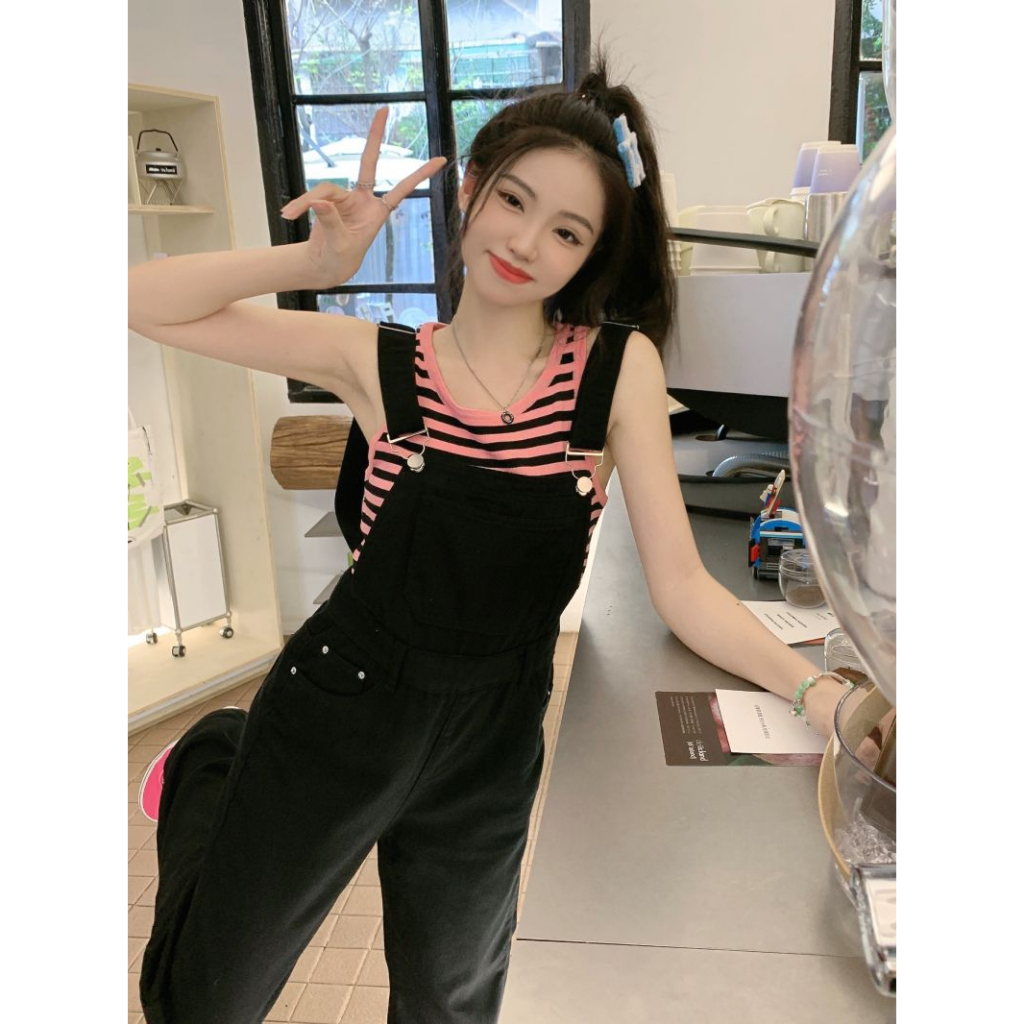 XIAOZhaiNv Overall Jeans Wanita Hitam Straight Loose Korean Style Celana Wanita