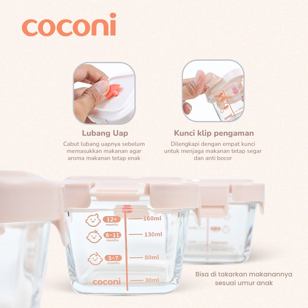 COCONI Baby Food Glass Container 3 Pcs x 160ml | Wadah Penyimpanan Makan Kaca Anak MPASI Kedap Udara