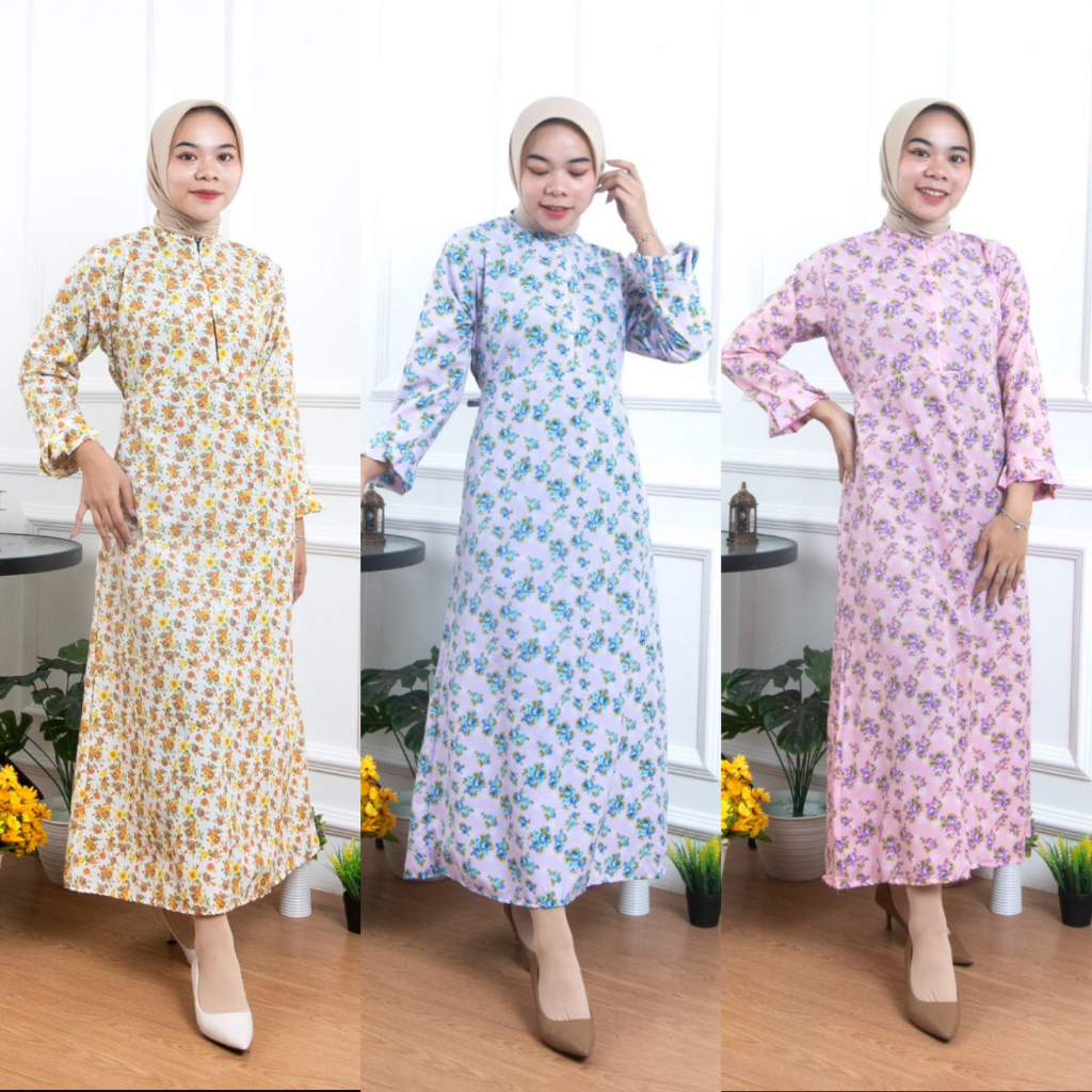 MIDI DRESS MUSLIM ISMA BAHAN KATUN MOTIF BUNGA / DRESS BUSUI BUMIL FRIENDLY