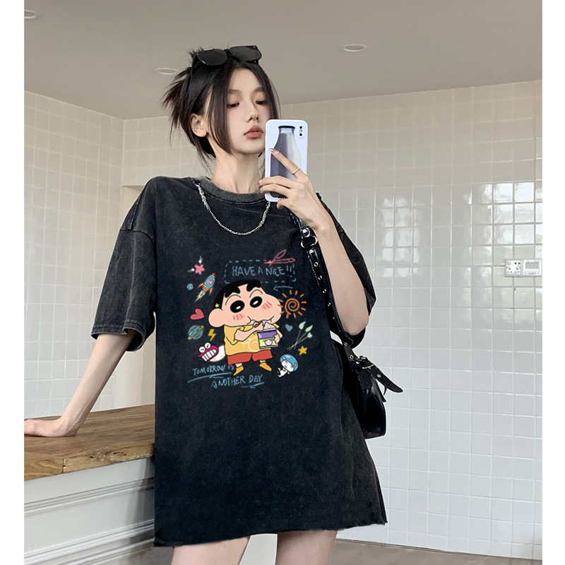 Baju Kaos Wanita Lengan Pendek Retro Oversize Crayon Shinchan Motif Printed T-shirt Import Kaos Hitam