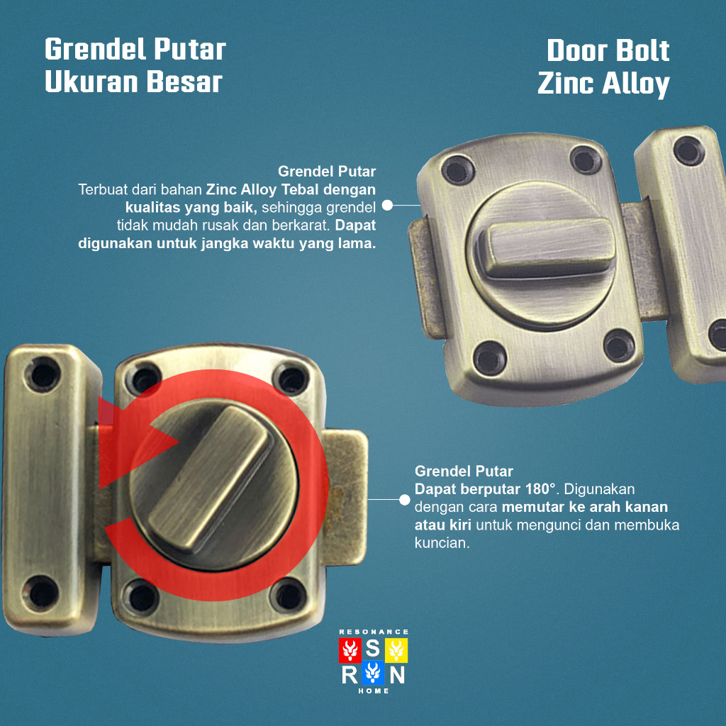 Grendel Pintu Kotak Bolak Balik Besar / Grendel Pintu Putar HiTAM Reso