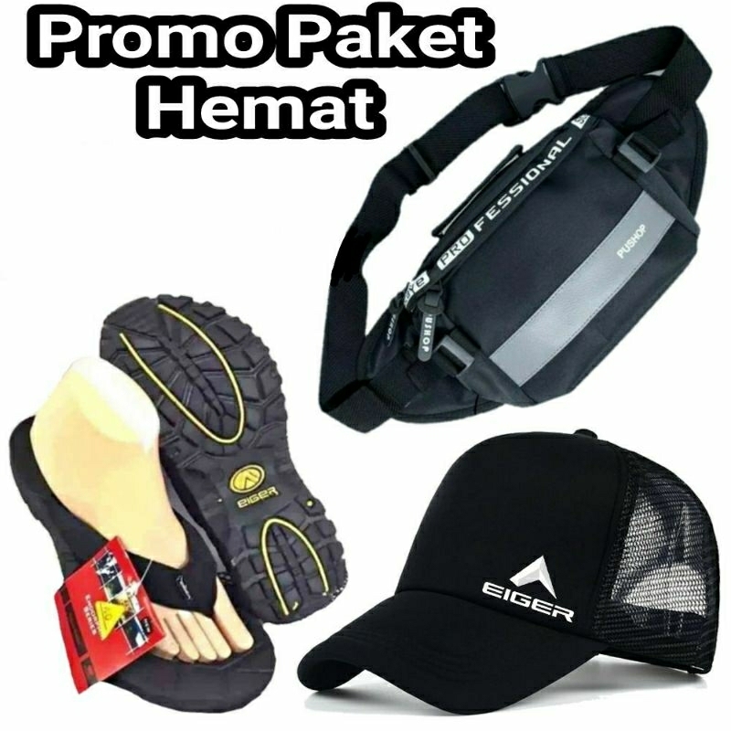 Paket Hemat Sandal Eiger, Tas Selempang Pria dan Topi Jaring
