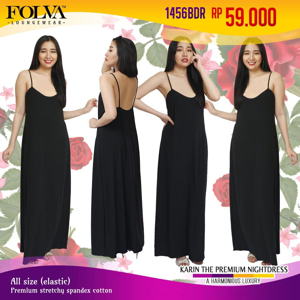 FOLVA dress tidur panjang tanktop wanita spandex 1456BDR hitam all size