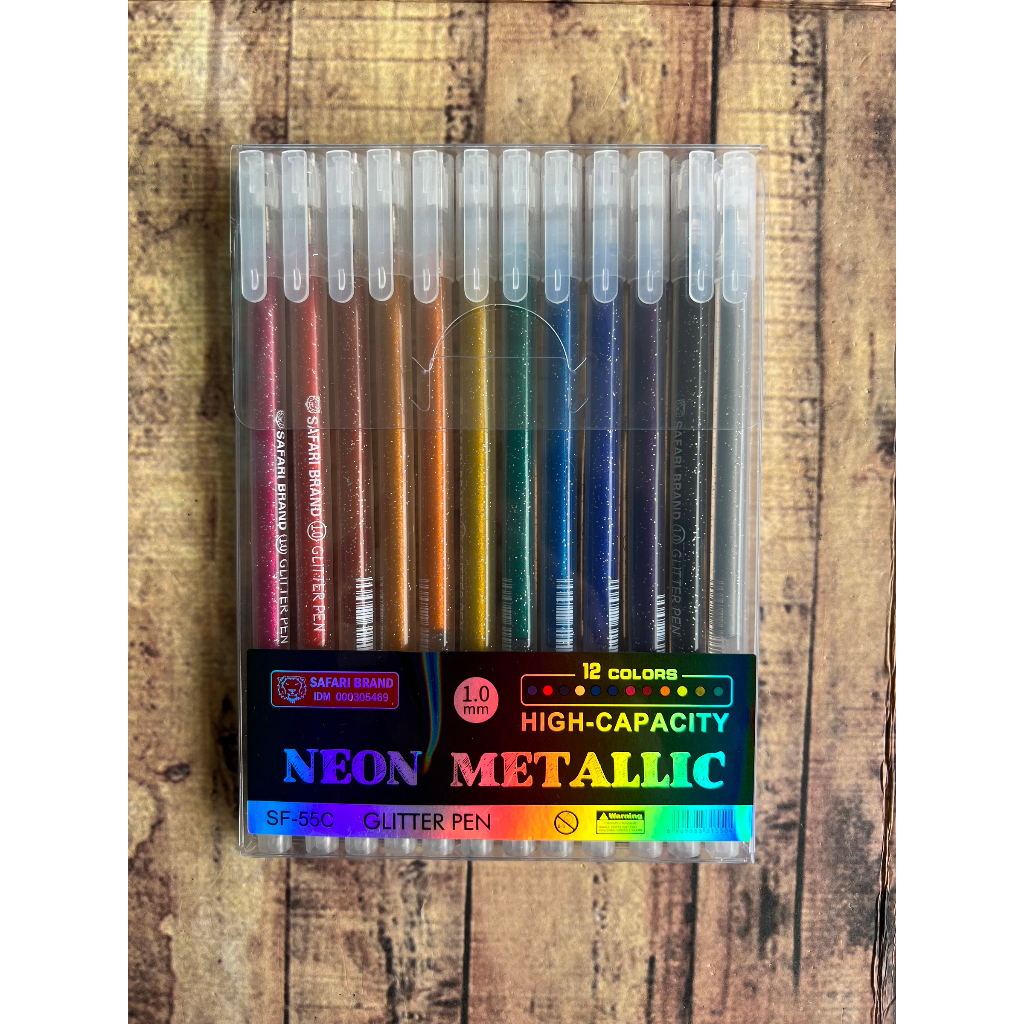 12 Pcs Pen Glitter Safari SF-55C - Pen Neon Metalic 12 Warna - Pen Metallic Aesthetic