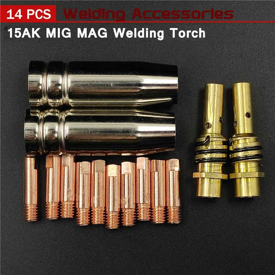 Nozzle Obor Las Welding Torch Tip Holder 15AK MIG 0.8mm 14PCS Perkakas Rumah Material Berkualitas