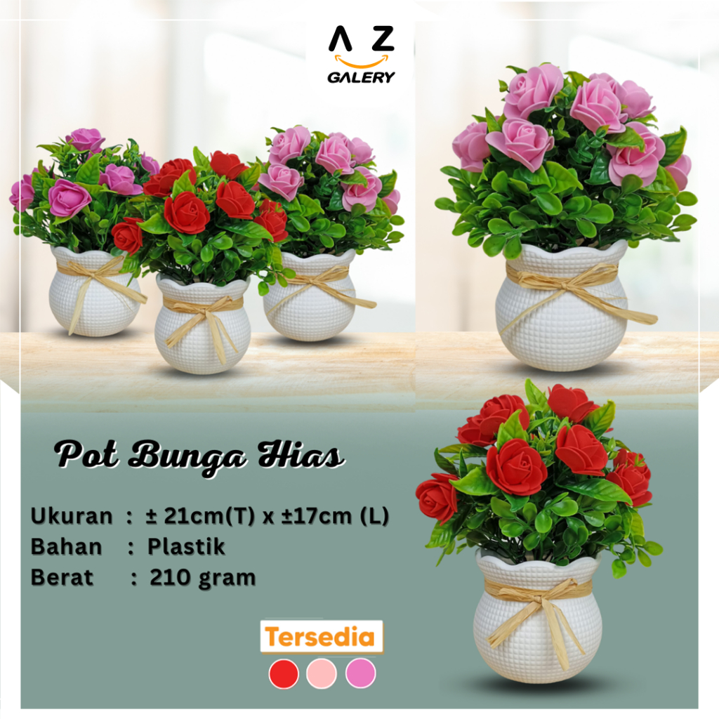 Tanaman Hias Bunga Mawar Plastik Pot Bunga Bonsai Palsu Ornamen Pajangan Meja Dekorasi Rumah Ruangan Artificial Flower Azgalery PBP164