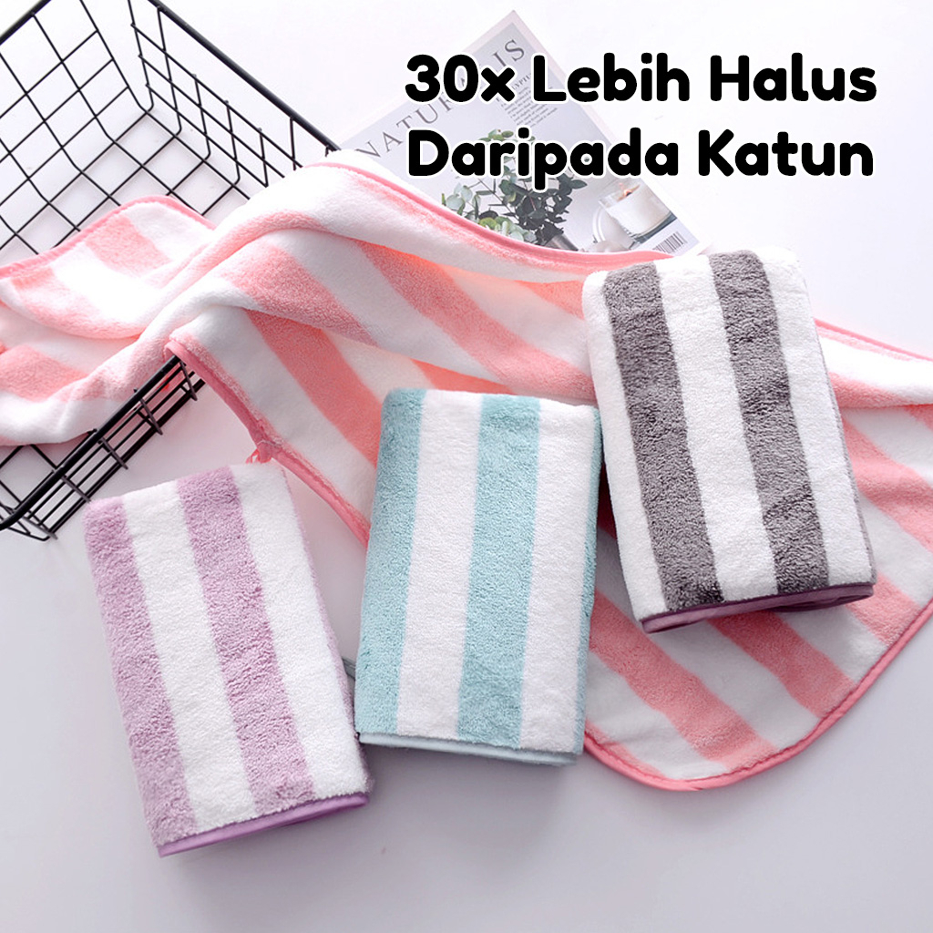 Handuk Mandi Pria Wanita Dewasa Motif Strip Ukuran 70cm x 140cm Dan 50cm x 100cm Handuk Microfiber Tebal Bulu Lembut High Quality J2A2