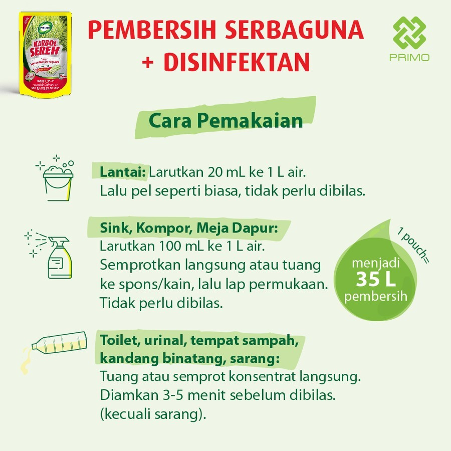 PRIMO | Karbol Sereh Original / Premium 700 ml | Multi Surface Cleaner Pouch