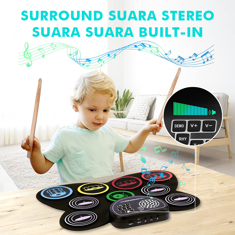 Drum Elektronik Berwarna-Warni Dengan Klakson Drum Elektronik Lipat Portabel Drum Elektronik Silikon Gulung Tangan Drum Set Anak-anak Berlatih