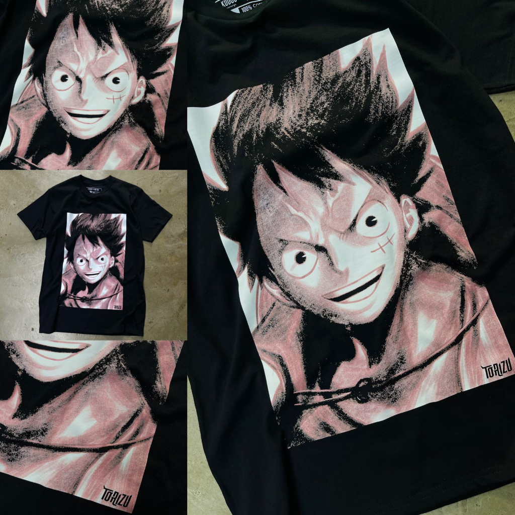 Torizu Tshirt Luffy Brush Black Anime Manga One Piece Mugiwara Premium Unisex