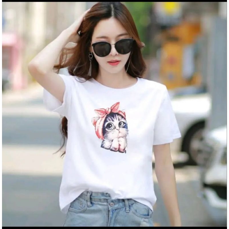 Kaos Atasan Cewek Gambar Kucing Pita (LD 43-49 , P 58-64)