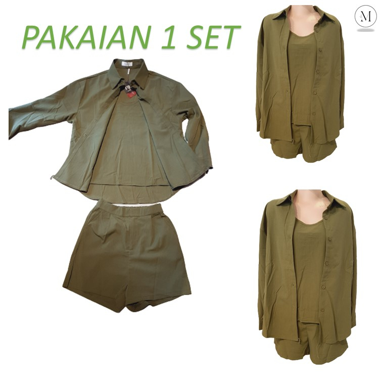 PAKAIAN 1 SET KEMEJA,TANKTOP DAN CELANA WANITA MOTIF POLOS