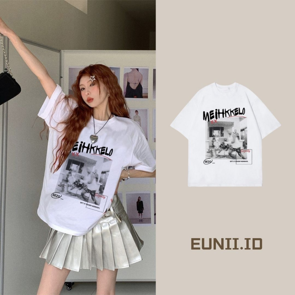 EUNII T-shirt Lengan Pendek Vintage Record Player Printing Korean Style/Kaos Atasan Wanita/Baju Wanita/Kaos Wanita