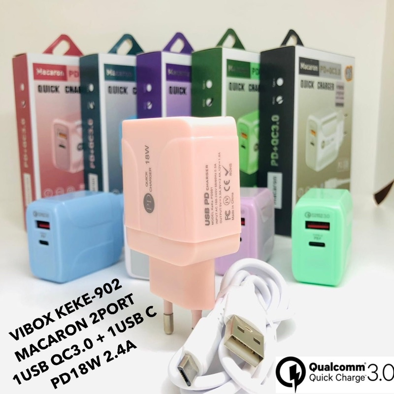 VIBOX CHARGER MICRO KEKE-902 MACARON 2PORT 1USB QC3.0 + 1USB C PD 18W 2.4A PROMO SEN