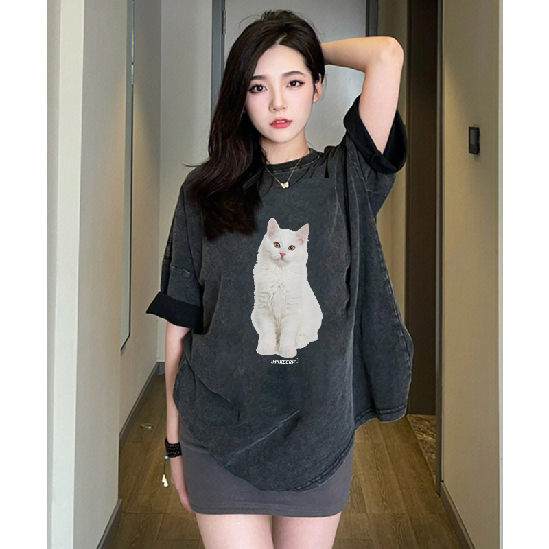 Print Washed T-shirt Kaos Lengan Pendek Oversize Cartoon Cat Korean Style Atasan Wanita
