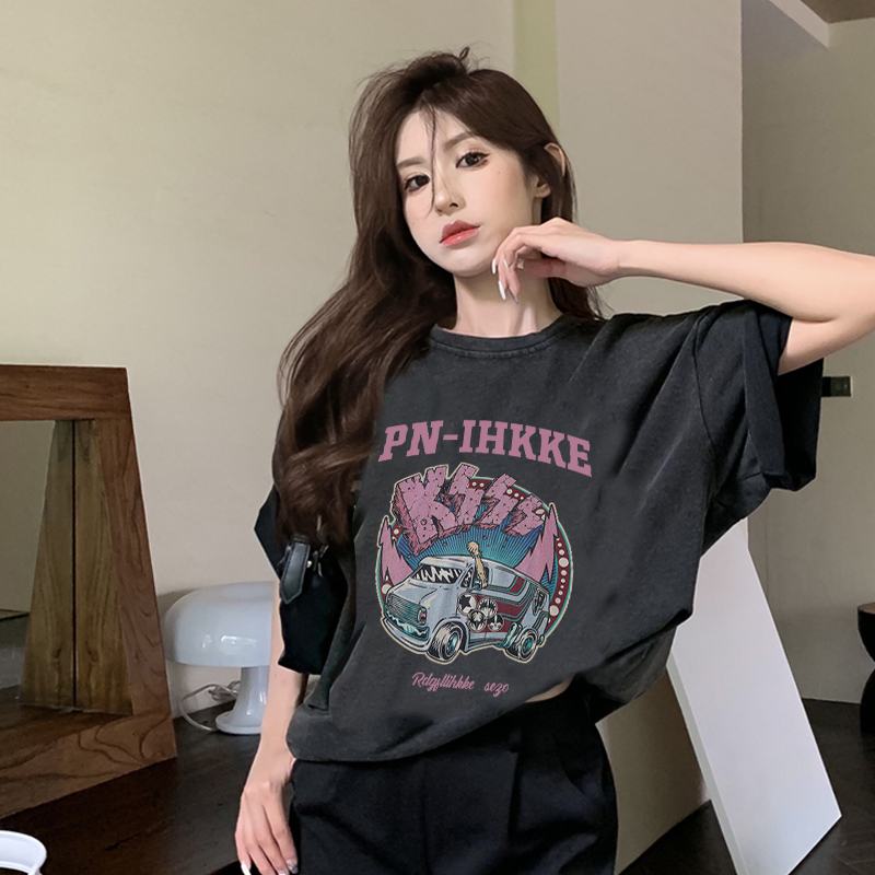 Print Washed T-shirt Kaos Lengan Pendek Oversize Vintage PInk Car Korean Style Atasan Wanita