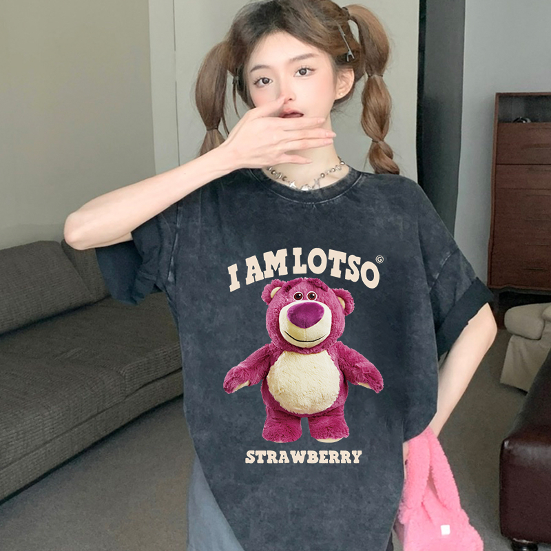 Print Washed T-shirt Kaos Lengan Pendek Oversize Cute Strawberry Bear Korean Style Atasan Wanita