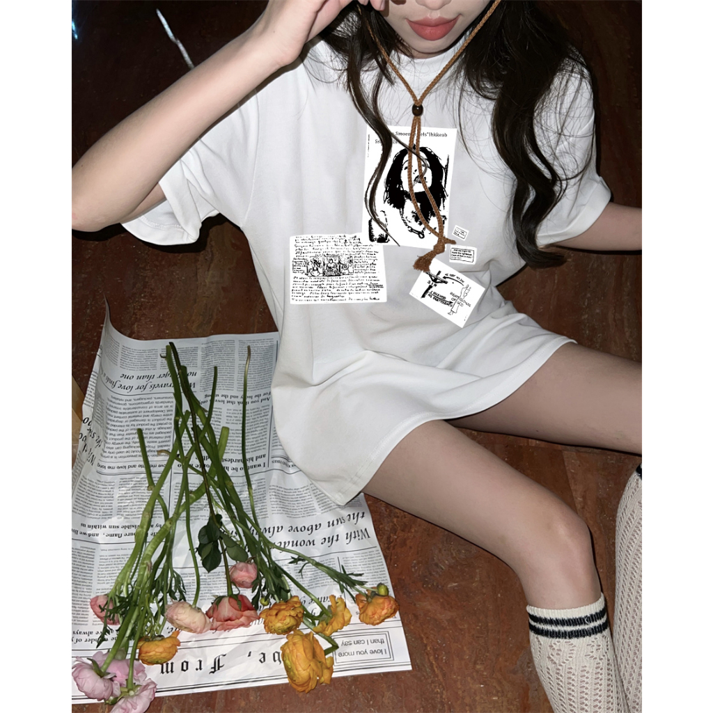 XiaoZhaiNv Kaos Atasan Oversize Wanita Girl Anime Pattern Lengan Pendek A0861