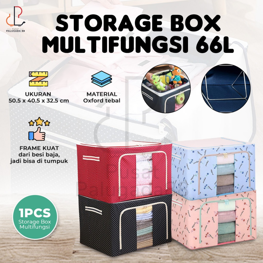 Storage Box 66 Liters 66L Frame Baja Double Zipper Organizer Pakaian Kotak Tempat Penyimpanan Serbaguna Bag 2in1 Box Baju Mainan Multifungsi 66 L BESI