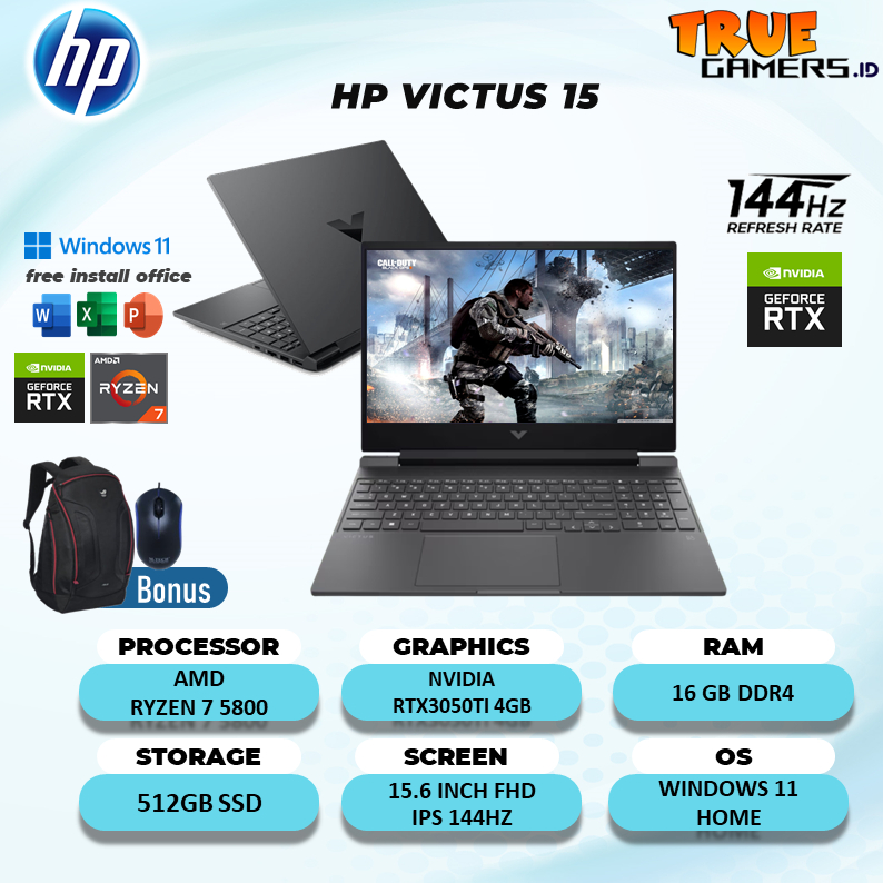 LAPTOP HP VICTUS 15  RTX3050TI 4GB RYZEN 7 5800 16GB 512SSD Win 11 15.6FHD