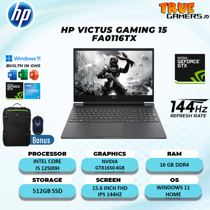 HP VICTUS GAMING 15 FA0116TX GTX1650 4GB 5 12500H 16GB 512SSD W11+OHS 15.6FHD IPS 144HZ BLIT 2YR+ADP SLV