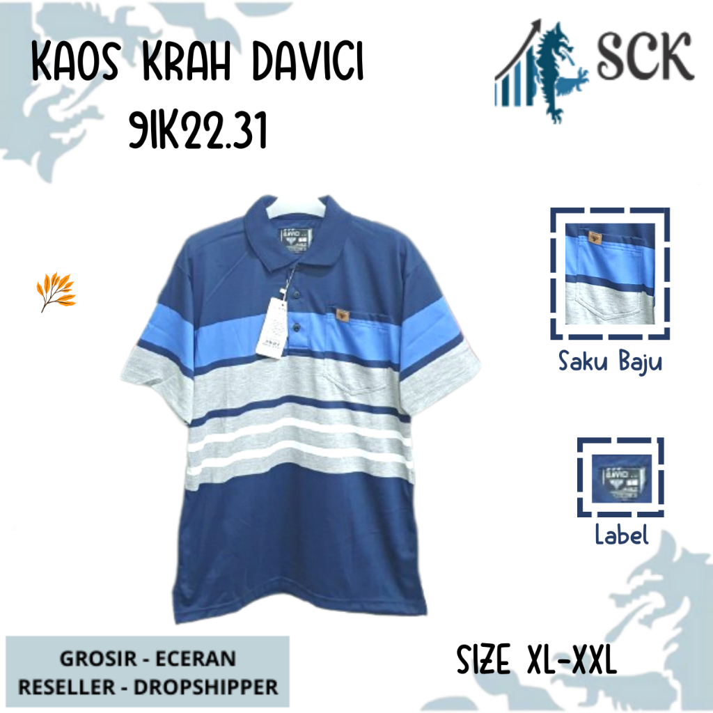 Kaos Kerah Pria DAVICI 2240 2219 2231 Motif Salur JUMBO Kombinasi Halus Original / Baju Cowok Size M-L - sckmenwear GROSIR