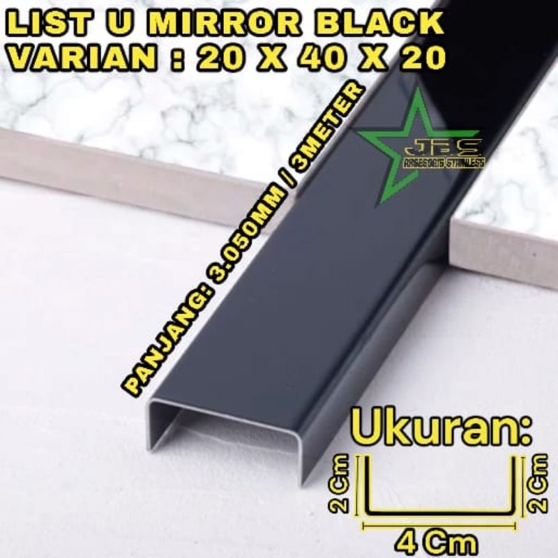 LIST U BLACK MIRROR 20×40×20×3.050MM T. 0,8MM STAINLESS 201 - LIST INTERIOR