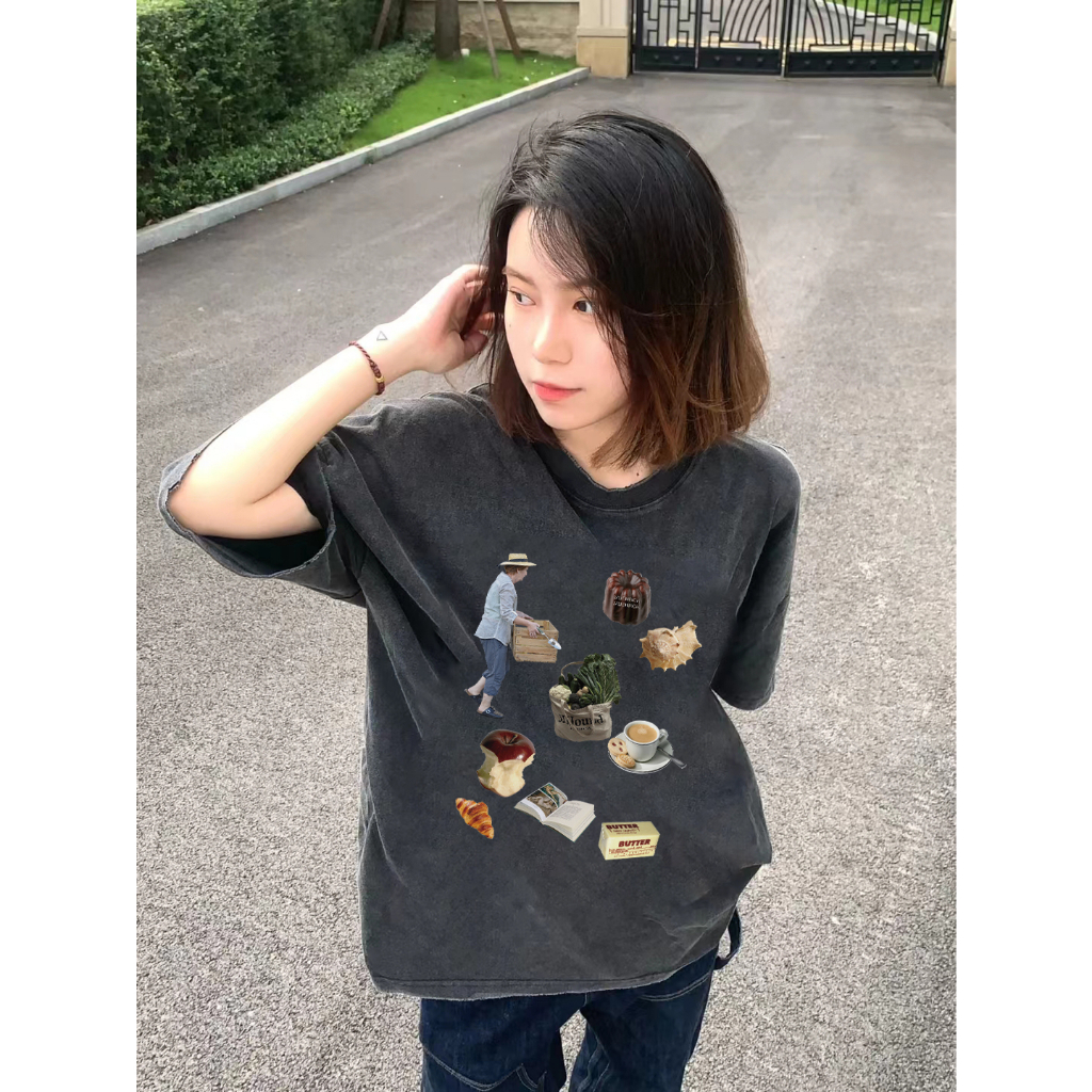 EUNII T-shirt Lengan Pendek Black Washed Country Lifestyle Printing Korean Style/Kaos Atasan Wanita/Baju Wanita