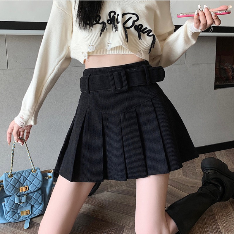 Rok Korean Style Wanita Korduroi Rok Plisket Hitam High Waist Vintage Skirt Mini