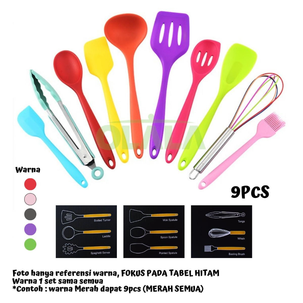 ALAT MASAK SET SPATULA SUTIL SET 5IN1 SILICONE GAGANG KAYU UTENSIL SPATULA SET MULTIFUNGSI OLL-4235/OLL-4236/OLL-4237