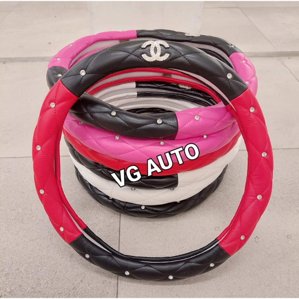 Sarung Setir Mobil Logo CHANE* Size M Diameter 38cm Warna Hitam Merah Pink Putih Cover Stir Kulit Me