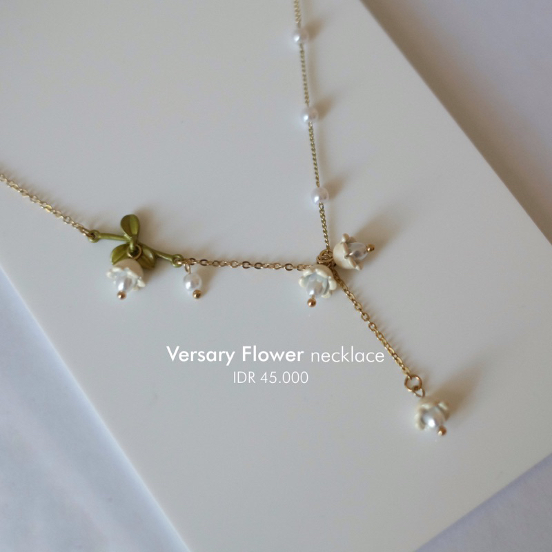 Ark.co - Versary necklace (pearl &amp; gold beads&amp; flower) kalung Y lariat mutiara bunga putih simple minimalis