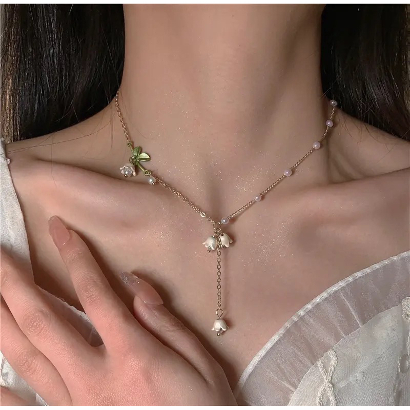 Ark.co - Versary necklace (pearl &amp; gold beads&amp; flower) kalung Y lariat mutiara bunga putih simple minimalis