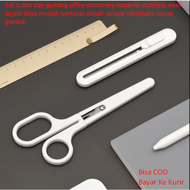 

Set cutter dan gunting office stationery material stainless steel tajam tidak mudah berkarat desain simpel minimalis sesuai gambar