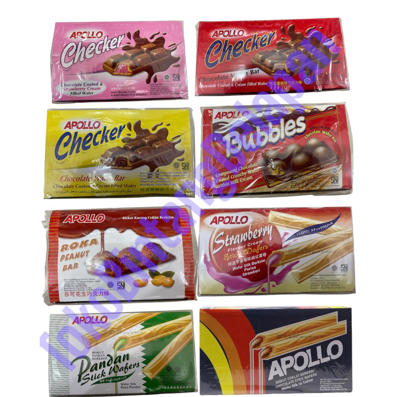 

Apollo wafer Roka Peanut bar / bubble / Checker / Stick pandan/ Stick Strawberry / stick Coklat