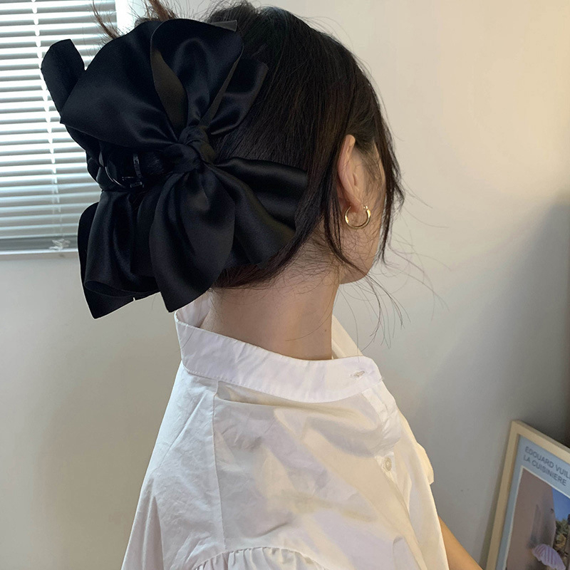 JEDAI PITA SATIN HITAM BOWKNOT BESAR IRREGULAR JEPIT RAMBUT JEPITAN KOREA BLACK BIG SILK BOW HAIR CLAW