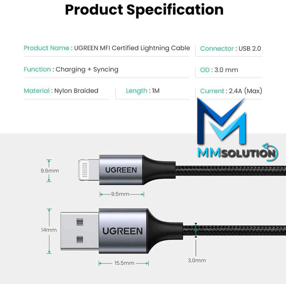 UGREEN MFI Kabel Data iPhone Fast Charging 2.4A USB A to Lightning