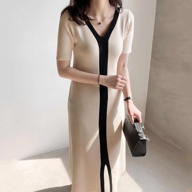 [Premium] Slim Short Sleeves A-Line Knit Long Dress 7209