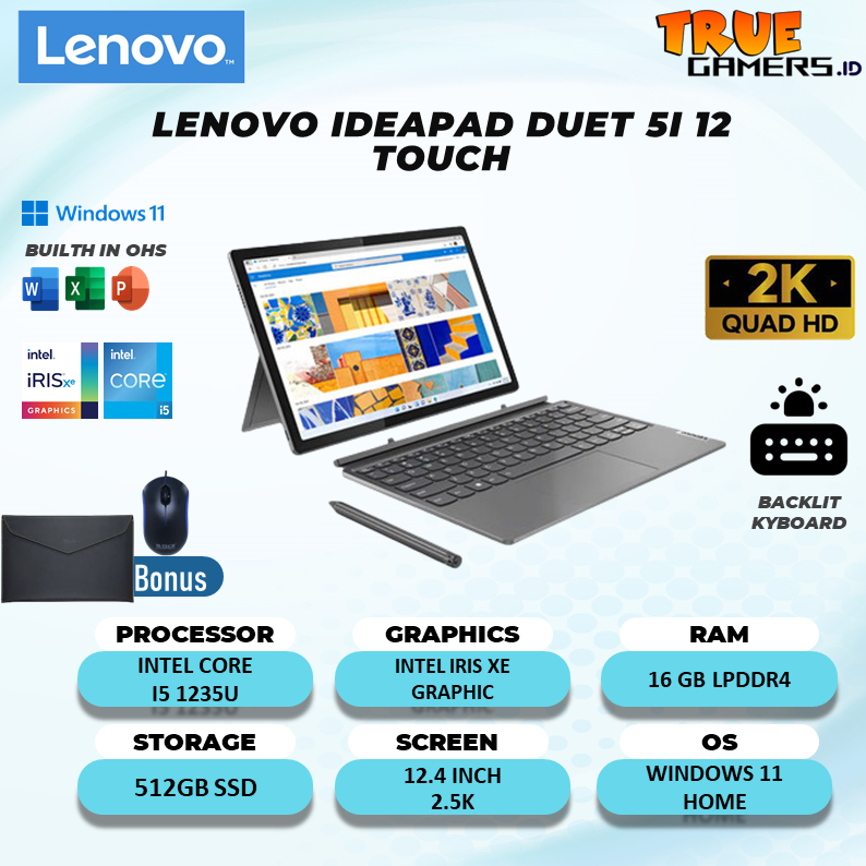 Laptop Lenovo Ideapad Duet 5i 12 TOUCH I5 1235U 16GB 512SSD IRISXE W11+OHS 12.4 2.5K 100DCIP3 2IN1 PEN