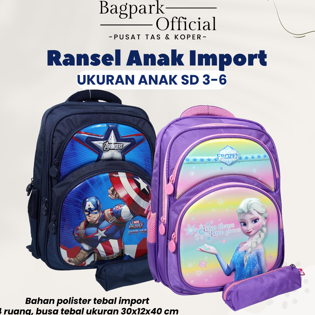 Tas Ransel Anak Sekolah Import Premium Tas Anak Sekolah SD Embos Free Kotak Pensil Gambar Frozen Batman Spiderman Avengers