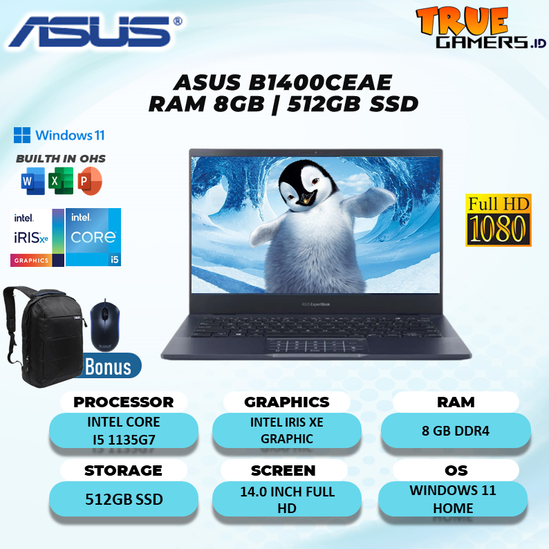 Laptop Asus B1400CEAE I5 1135G7 8GB 512SSD IRISXE Win11 OHS 14.0FHD