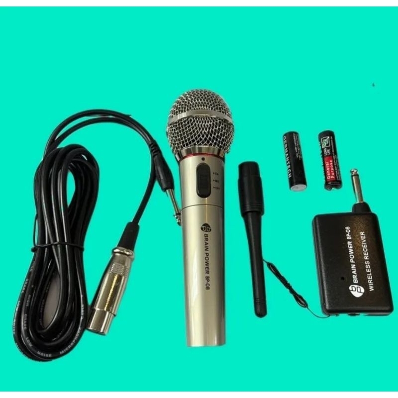 Microphone 2 In 1 Mic Profesional Brain Power BP08 Mic Wireless dan Kabel  Mikrofon Portable