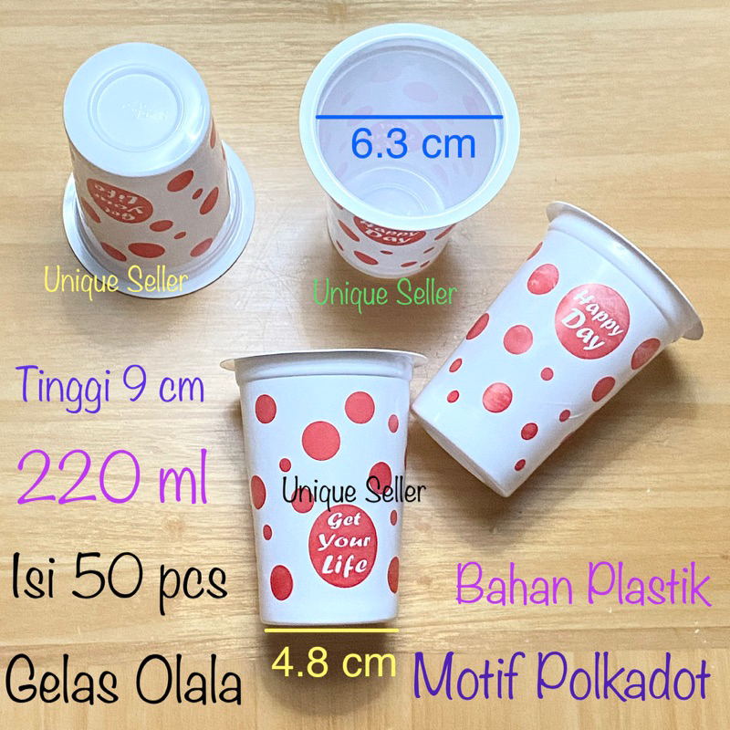 Gelas Plastik Olala 220 ml Polkadot Merah isi 50 pcs / Cup Gelas Plastik Bola Merah Olala 220ml isi 50 / Gelas Oolala Polkadot Merah 220ml